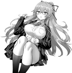 Rule 34 | 1girl, azur lane, breast pocket, breasts, greyscale, hori (hori no su), large breasts, legs together, long hair, lying, mole, mole under mouth, monochrome, official alternate costume, official art, on back, pocket, ponytail, socks, swiftsure (azur lane), swiftsure (study hall cyclamen) (azur lane), very long hair