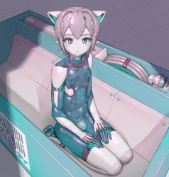 Rule 34 | 1boy, absurdres, android, animal ears, barefoot, blue eyes, bulge, cat ears, colored skin, feet, flaccid, grey hair, hair intakes, hands on lap, highres, in container, korean text, looking at viewer, male focus, nipples, original, penis, pixel eyes, science fiction, seiza, shiny skin, sitting, skeleton, solo, toes, see-through body, trap, waia (pappe76024), white skin