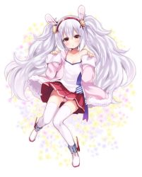 Rule 34 | 1girl, animal ears, azur lane, breasts, cleavage, collarbone, expressionless, fake animal ears, floral background, fummy, headband, jacket, laffey (azur lane), light purple hair, long hair, looking at viewer, panties, pantyshot, petals, red eyes, shirt, small breasts, solo, striped clothes, striped panties, thighhighs, twintails, underwear, white thighhighs
