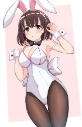 Rule 34 | 1girl, absurdres, animal ears, armband, bare shoulders, black bow, black bowtie, black pantyhose, border, bow, bowtie, breasts, brown hair, cleavage, commentary, covered navel, cowboy shot, detached collar, fake animal ears, forehead, hands up, highleg, highleg leotard, highres, katou megumi, kevin5573, leotard, looking away, medium breasts, open mouth, pantyhose, playboy bunny, saenai heroine no sodatekata, short hair, simple background, solo, strapless, strapless leotard, thigh gap, two-tone background, white armband, white border, white leotard, wrist cuffs, yellow eyes