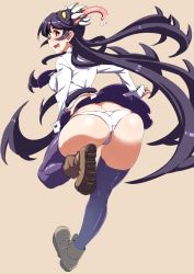 Rule 34 | 1girl, ass, black hair, black thighhighs, blush, breasts, butt crack, clearite, embarrassed, extra mouth, filia (skullgirls), highres, large breasts, long hair, looking at viewer, looking back, necktie, open mouth, panties, pantyshot, prehensile hair, red eyes, running, saliva, samson (skullgirls), school uniform, simple background, skirt, skullgirls, solo, teeth, thighhighs, tongue, tongue out, underwear, upskirt