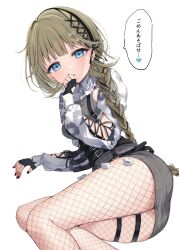 1girl absurdres belt black_gloves black_nails blue_eyes blush braid brown_hair cattleya_regina_games commentary_request dress fingerless_gloves fishnet_pantyhose fishnets floral_print gloves grey_dress hair_ornament hair_ribbon hanabusa_lisa hanabusa_lisa_(4th_costume) hand_to_own_mouth highres ineka_ka long_hair long_sleeves looking_at_viewer official_alternate_costume open_mouth pantyhose ribbed_dress ribbon shrug_(clothing) simple_background skindentation solo speech_bubble thigh_strap too_many too_many_belts translated virtual_youtuber vspo! white_background