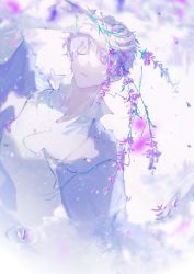 Rule 34 | 1boy, bishounen, byuey, closed eyes, collared shirt, flower, highres, light particles, light rays, long sleeves, lying, male focus, original, partially submerged, purple flower, purple theme, ripples, shirt, short hair, solo, water, white theme