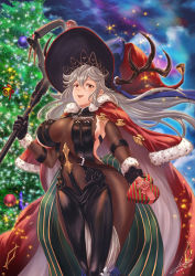 Rule 34 | absurdres, alternate costume, antlers, black dress, black gloves, breast curtain, breasts, christmas, cleavage, cowboy shot, curvy, dress, elbow gloves, fake horns, gloves, granblue fantasy, grey hair, hair between eyes, hat, highres, horned headwear, horns, large breasts, legendpoon, long hair, magisa (granblue fantasy), narrow waist, red eyes, reindeer antlers, see-through, see-through cleavage, sideboob, skin tight, thick thighs, thighs, very long hair, wide hips, witch hat