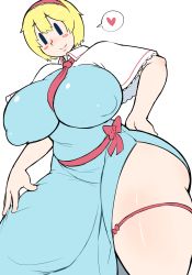 Rule 34 | alice margatroid, blonde hair, blush, breasts, clothes, cookie (touhou), female focus, gamukami, highres, huge breasts, ichigo (cookie), medium hair, plump, simple background, smile, solo, touhou, white background