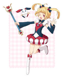 Rule 34 | blonde hair, boots, detached sleeves, hoop skirt, knee boots, magical girl, mascot, matsurika, one eye closed, red eyes, solo, twintails, wand, wink