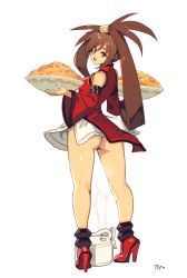 Rule 34 | 1girl, anklet, arc system works, ass, bowl, breasts, brown eyes, brown hair, china dress, chinese clothes, commentary, detached sleeves, dress, english commentary, food, fried rice, from behind, full body, grey background, guilty gear, guilty gear x, guilty gear xrd, guilty gear xx, hair rings, hair tubes, high heels, jewelry, kneepits, kuradoberi jam, legs, long hair, long legs, looking at viewer, looking back, medium breasts, optionaltypo, pasta, red dress, red footwear, red sleeves, solo, spaghetti, very long hair, waitress, wide sleeves