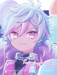 Rule 34 | 1boy, closed mouth, commentary request, crescent, dated, fang, hair between eyes, happy birthday, highres, idol land pripara, looking at viewer, male focus, multicolored hair, ooedo shinya, pink eyes, pink hair, poro (pweedro), pretty series, pripara, short hair, skin fang, smile, solo, star (symbol), streaked hair, upper body, white hair