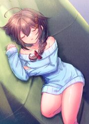 Rule 34 | 1girl, ahoge, bare shoulders, blue sweater, braid, brown hair, closed eyes, collarbone, commentary request, commission, couch, hair between eyes, hair flaps, hair ornament, hair ribbon, ittokyu, kantai collection, looking at viewer, lying, off-shoulder sweater, off shoulder, on side, ribbon, shigure (kancolle), shigure kai ni (kancolle), sidelocks, signature, single braid, solo, sweater