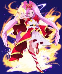Rule 34 | 1girl, akagi towa, boots, bracelet, cure scarlet, detached sleeves, drill hair, fire, go! princess precure, hair ornament, jewelry, long hair, magical girl, naokado, parted bangs, pink eyes, pink hair, pointy ears, precure, quad drills, quad tails, simple background, solo, sparkle, very long hair