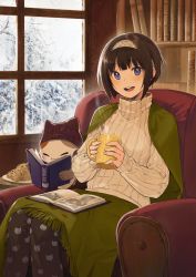 Rule 34 | 1girl, :3, :d, absurdres, animal print, black headwear, blush, book, brown hair, brown pants, cat print, cookie, cup, day, food, hairband, hat, highres, holding, holding book, holding cup, indoors, long sleeves, looking at viewer, nagu, open book, open mouth, original, pants, plate, purple eyes, ribbed sweater, round teeth, short hair, sitting, sleeves past wrists, smile, snow, sweater, teeth, turtleneck, turtleneck sweater, window