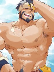 Rule 34 | 1boy, abs, armpit hair, armpits, bara, beard, commentary, dragalia lost, english commentary, facial hair, goatee, hand in own hair, hand on own hip, headband, highres, looking at viewer, male focus, multicolored hair, nipples, open mouth, pectorals, piikeisandaa, red eyes, smile, topless male, zhu bajie (dragalia lost)