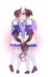 Rule 34 | 2girls, absurdres, animal ears, back bow, blurry, blush, bow, brown footwear, brown hair, closed eyes, closed mouth, clothing cutout, commentary request, depth of field, freckles, from behind, full body, green eyes, heart, highres, holding hands, horse ears, horse girl, horse tail, ines fujin (umamusume), intertwined tails, long sleeves, looking at another, mejiro ryan (umamusume), multicolored hair, multiple girls, pleated skirt, pmoufu, purple bow, purple serafuku, purple shirt, sailor collar, school uniform, serafuku, shirt, shoes, short hair, side ponytail, skirt, smile, tail, tail through clothes, thighhighs, tracen school uniform, two-tone hair, umamusume, visor cap, walking, white skirt, white thighhighs, winter uniform, yuri