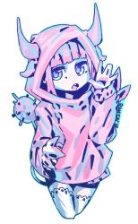 Rule 34 | 1girl, blunt bangs, commentary, cropped legs, english commentary, hood, hood up, hoodie, horns, horns through headwear, kanna kamui, kobayashi-san chi no maidragon, limited palette, long hair, long sleeves, looking at viewer, multiple horns, open mouth, pink hair, purple eyes, ramenwarwok, signature, slit pupils, solo, standing, tail, thighhighs, transparent background, waving