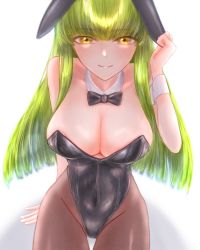 Rule 34 | 1girl, alternate breast size, animal ears, black bow, black bowtie, black leotard, bow, bowtie, breasts, brown pantyhose, c.c., cleavage, code geass, commentary request, cowboy shot, detached collar, female focus, highleg, highleg leotard, highres, large breasts, leotard, looking at viewer, pantyhose, parted lips, playboy bunny, q (f72637285), rabbit ears, sitting, solo, strapless, strapless leotard, wrist cuffs