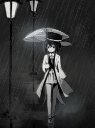 Rule 34 | 1other, androgynous, bare legs, chinese commentary, collared shirt, commentary request, enraku tsubakura, full body, greyscale, hair between eyes, hakama, hakama short skirt, hakama skirt, hat, highres, holding, holding umbrella, japanese clothes, jian xing zao, lab coat, lamppost, len&#039;en, long sleeves, looking at viewer, monochrome, neck ribbon, night, other focus, outdoors, parted lips, rain, reflection, reflective water, ribbon, sandals, shirt, short hair, skirt, socks, solo, top hat, transparent, transparent umbrella, two-sided fabric, two-sided headwear, umbrella, vest, walking, zouri