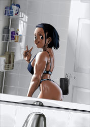 Rule 34 | 1girl, arung samudra (cessa), bathroom, black eyes, black hair, cessa, dark-skinned female, dark skin, door, earrings, from side, indoors, jewelry, looking at viewer, mirror, ombok diving and delivery services, reflection, selfie, solo, sports bra, sports panties, tongue, tongue out, underwear, underwear only, v