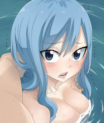 Rule 34 | 1boy, 1girl, aqua hair, arm around shoulder, armpits, blue eyes, blue hair, blush, breasts, collarbone, colorized, completely nude, couple, day, embarrassed, eyelashes, fairy tail, fingernails, hair between eyes, hetero, highres, juvia lockser, large breasts, long hair, looking at viewer, mashima hiro, mixed-sex bathing, motion lines, neck, no bra, nude, onsen, open mouth, outdoors, partially submerged, pov, pov hands, ripples, shared bathing, shiny skin, shy, side bangs, sidelocks, solo focus, topless frame, turning head, unworn clothes, upper body, water, water drop, wavy hair, wet, wet hair