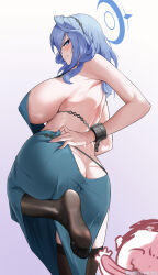 Rule 34 | 1girl, absurdres, ako (blue archive), ako (dress) (blue archive), ass, blue archive, blue eyes, blue hair, blush, breasts, butt crack, clenched teeth, douzai23, dress, feet, hand on own hip, highres, large breasts, long hair, looking back, see-through, see-through legwear, sensei (blue archive), soles, teeth, thighhighs, toes