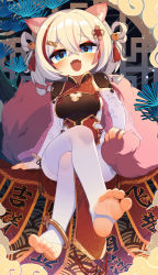 Rule 34 | 1girl, :d, animal ear fluff, animal ears, anklet, blue eyes, cat ears, china dress, chinese clothes, cleavage cutout, clothing cutout, crossed bangs, crossed legs, detached sleeves, dress, fangs, feet, female focus, foot focus, hair ornament, half-closed eyes, highres, indie virtual youtuber, jewelry, kotoba (1074421015), looking at viewer, multicolored hair, open mouth, pantyhose, sitting, smile, soles, solo, stirrup legwear, streaked hair, toeless legwear, toes, virtual youtuber, white hair, white pantyhose