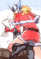 Rule 34 | 1boy, animification, blonde hair, boots, capelet, chimney, christmas, from behind, helmet, looking at viewer, looking back, male focus, marvel, nikumeron, sack, santa costume, shorts, solo, thor (marvel)