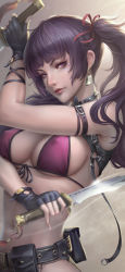 Rule 34 | 1girl, azhang, bare shoulders, belt, bikini, black gloves, breasts, cleavage, collar, commentary, covered erect nipples, dagger, dual wielding, earrings, fingernails, gloves, highres, holding, holding weapon, jewelry, knife, large breasts, lips, long hair, looking at viewer, mole, mole under eye, original, purple eyes, purple hair, reverse grip, simple background, solo, spiked collar, spikes, swimsuit, twintails, upper body, weapon