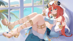 Rule 34 | 1girl, absurdres, blush, breasts, brooch, circlet, crop top, detached sleeves, fake horns, fangai-anmian, genshin impact, harem outfit, highres, horns, jewelry, long hair, long sleeves, looking at viewer, medium breasts, neck ring, nilou (genshin impact), puffy sleeves, red hair, skirt, smile, solo, toes, twintails, veil