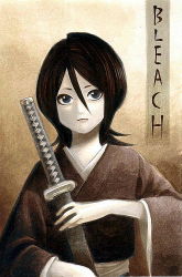 Rule 34 | 00s, 1girl, black hair, bleach, copyright name, hair between eyes, kuchiki rukia, lowres, solo, sword, weapon