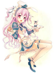 Rule 34 | 1girl, animal ears, bad id, bad nicoseiga id, blush, fake animal ears, frilled thighhighs, frills, full body, highres, long hair, looking at viewer, maid, maid headdress, open mouth, original, pink eyes, pink hair, rabbit, rabbit ears, smile, solo, thighhighs, two side up, watch, white background, white thighhighs, yuuki rika