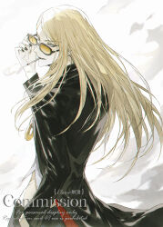 Rule 34 | 1boy, absurdres, black jacket, black nails, blonde hair, cigarette, coat, commission, elaine-didaea, fate/grand order, fate (series), flapper shirt, gold necklace, highres, jacket, jewelry, long hair, looking at viewer, male focus, medallion, midriff peek, necklace, open clothes, open jacket, orange-tinted eyewear, shirt, solo, sunglasses, tezcatlipoca (fate), tinted eyewear, trench coat