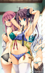 Rule 34 | 3girls, arms up, bikini, black bra, black panties, blue eyes, blush, bra, bra lift, breasts, brown eyes, brown hair, cat, clothes lift, covering privates, covering breasts, earrings, full-face blush, highres, inami yura, indoors, jewelry, kai yuuki, kurisugawa kii, long hair, looking at viewer, medium breasts, mouth hold, multiple girls, navel, on head, original, panties, panty pull, red hair, shirt lift, small breasts, standing, swimsuit, thighhighs, twintails, tying hair, underwear, undressing, white hair, white legwear, worm, yellow eyes