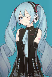 Rule 34 | 1girl, absurdres, black shirt, black skirt, blue background, blue eyes, blue hair, blue neckwear, closed mouth, collared shirt, commentary request, cowboy shot, detached sleeves, hatsune miku, hatsune miku (nt), headphones, headset, highres, long hair, looking at viewer, one eye closed, shiratakiseaice, shirt, simple background, skirt, sleeveless, sleeveless shirt, smile, solo, tattoo, twintails, very long hair, vocaloid