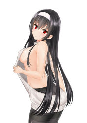 Rule 34 | 1girl, absurdres, arm at side, ass, back, backless dress, backless outfit, bad id, bad pixiv id, bare back, bare shoulders, black hair, black pantyhose, breast hold, breasts, closed mouth, cowboy shot, dress, from behind, grey dress, grey sweater, hair between eyes, hairband, halterneck, highres, kasumigaoka utaha, legs together, long hair, looking at viewer, looking back, medium breasts, meme attire, no bra, no panties, pantyhose, red eyes, ribbed sweater, saenai heroine no sodatekata, shiu (kuronaito), sideboob, simple background, smile, solo, sweater, sweater dress, thighband pantyhose, turtleneck, turtleneck sweater, underwear, very long hair, virgin killer sweater, white background, white hairband