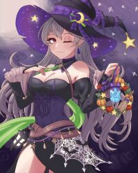Rule 34 | 1girl, absurdres, angryforks, bare shoulders, black dress, breasts, cleavage, closed mouth, corrin (female) (fire emblem), corrin (female) (halloween) (fire emblem), corrin (fire emblem), crescent, crescent hat ornament, crossed belts, detached sleeves, dragonstone, dress, earrings, fire emblem, fire emblem fates, fire emblem heroes, grey hair, halloween, halloween costume, hand on own chest, hat, hat ornament, highres, jewelry, lantern, large breasts, long hair, long sleeves, looking at viewer, nintendo, off-shoulder dress, off shoulder, official alternate costume, one eye closed, pointy ears, red eyes, smile, solo, star (symbol), witch, witch hat