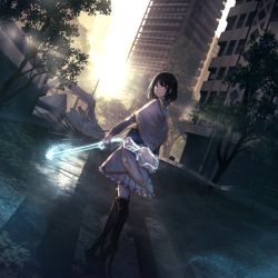 Rule 34 | 1girl, black footwear, black hair, black thighhighs, boots, bow (music), building, cape, closed mouth, commentary request, copyright request, fixro2n, glowing, grey eyes, grey shirt, high heel boots, high heels, holding, long sleeves, looking at viewer, looking back, official art, outdoors, railing, shirt, skirt, sky, smile, solo, sunset, thigh boots, thighhighs, tree, white cape, white skirt