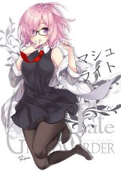 Rule 34 | artist name, black-framed eyewear, black dress, black pantyhose, blush, clothes down, collared dress, copyright name, dress, fate/grand order, fate (series), glasses, hair between eyes, jacket, looking at viewer, mash kyrielight, necktie, open clothes, open jacket, open mouth, pantyhose, pink hair, purple eyes, red necktie, reina (black spider), short dress, short hair, sleeveless, sleeveless dress, solo, white background, white jacket