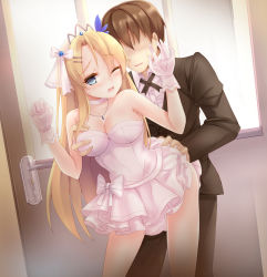 Rule 34 | 1boy, 1girl, bare shoulders, blonde hair, blue eyes, blush, grabbing another&#039;s breast, breasts, brown hair, choker, cleavage, dress, faceless, faceless male, formal, frilled dress, frills, gloves, grabbing, groping, hair ornament, hands up, hetero, highres, implied sex, jewelry, long hair, necklace, one eye closed, open mouth, saratoga (warship girls r), short dress, strapless, strapless dress, suit, tiara, warship girls r, white dress, white gloves, wince, yuemanhuaikong