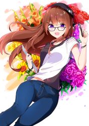 Rule 34 | 1girl, :d, a.a (aa772), beret, black-framed eyewear, black hat, bracelet, brown hair, denim, feet out of frame, floral background, glasses, hair ornament, hairclip, hat, highres, holding, holding pen, holding tablet pc, jeans, jewelry, long hair, looking at viewer, necklace, open mouth, original, pants, pen, purple eyes, shirt, smile, solo, t-shirt, tablet pc