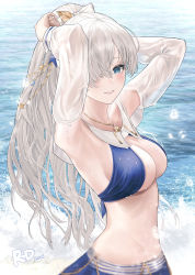 Rule 34 | 1girl, absurdres, anastasia (fate), anastasia (swimsuit archer) (fate), anastasia (swimsuit archer) (third ascension) (fate), bare shoulders, beach, bikini, blue eyes, blush, breasts, closed mouth, collarbone, day, fate/grand order, fate (series), hair over one eye, highres, jewelry, large breasts, long hair, looking at viewer, navel, ponytail, silver hair, smile, solo, swimsuit, very long hair, water, waves