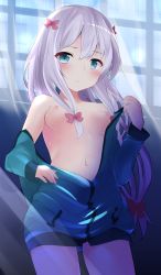 Rule 34 | 1girl, absurdres, bad id, bad pixiv id, bare shoulders, blue eyes, blue jacket, blush, bow, breasts, commentary request, cowboy shot, eromanga sensei, frown, hair bow, highres, indoors, izumi sagiri, jacket, long hair, looking at viewer, low tied hair, navel, nipples, no bra, odeclea, off shoulder, open clothes, open jacket, partially unzipped, pink bow, silver hair, small breasts, solo, very long hair