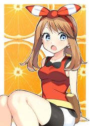 Rule 34 | 1girl, bad id, bad twitter id, bike shorts, black shorts, blue eyes, bow, brown hair, collarbone, creatures (company), game freak, hair bow, hairband, highres, long hair, may (pokemon), nintendo, open mouth, pokemon, pokemon oras, red hairband, red shirt, shirt, short shorts, shorts, shorts under shorts, sitting, sleeveless, sleeveless shirt, solo, striped, striped bow, white shorts, yuihico