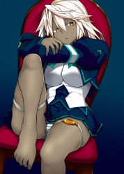 Rule 34 | 1girl, barefoot, blonde hair, breasts, chair, crossed arms, dark-skinned female, dark skin, feet, feet on chair, guilty gear, guilty gear xrd, highres, large breasts, legs, legs up, panties, pantyshot, ramlethal valentine, red upholstery, sitting, solo, striped clothes, striped panties, tanabe (studio tiamat), thigh strap, toes, underwear, yellow eyes