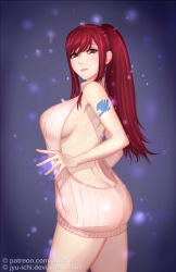 Rule 34 | 1girl, aran sweater, ass, back, backless dress, backless outfit, bare arms, bare back, breasts, brown eyes, butt crack, cable knit, cleavage, dress, erza scarlet, fairy tail, grey sweater, jyu ichi, large breasts, long hair, looking at viewer, meme attire, naked sweater, red hair, ribbed sweater, sideboob, sleeveless, sleeveless turtleneck, smile, solo, sweater, sweater dress, tattoo, turtleneck, turtleneck sweater, virgin killer sweater