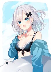 Rule 34 | 1girl, :d, absurdres, bikini, black bikini, black bow, blue eyes, blue jacket, bow, breasts, butterfly necklace, collarbone, commentary request, ear piercing, earrings, frilled bikini, frills, front-tie bikini top, front-tie top, grey hair, hair bow, hand up, highres, hood, hood down, hooded jacket, jacket, jewelry, kaga sumire, long sleeves, looking at viewer, medium breasts, off shoulder, open clothes, open jacket, open mouth, piercing, puffy long sleeves, puffy sleeves, signature, sleeves past wrists, smile, sofra, solo, swimsuit, twitter username, two side up, v, virtual youtuber, vspo!
