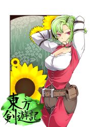 Rule 34 | 1girl, adapted costume, adjusting hair, alternate costume, arms behind head, arms up, belt, breasts, choker, cleavage, flower, green hair, kazami yuuka, korogi, looking at viewer, mouth hold, pants, red eyes, shirt, short hair, smile, solo, standing, sunflower, text focus, touhou, tying hair, underbust, white background
