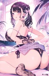 Rule 34 | 1girl, ass, black bra, black panties, blush, bow, bow panties, bra, breasts, butt crack, comiket 102, earrings, gloves, hair ornament, highres, jewelry, jirai kei, kat (bu-kunn), lace, lace gloves, lace socks, large breasts, lingerie, looking at viewer, looking back, medium hair, original, panties, purple eyes, purple hair, side-tie panties, solo, tongue, tongue out, twintails, underwear, underwear only, unfastened