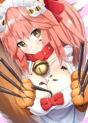 Rule 34 | 1girl, @ @, animal ear fluff, animal ears, animal hands, apron, bell, blush, breasts, cat hair ornament, cat paws, chocolate, cleavage, collar, collarbone, fangs, fate/grand order, fate (series), food, food between breasts, fox ears, fox tail, gloves, hair ornament, hair ribbon, highres, jingle bell, large breasts, long hair, looking at viewer, naked apron, neck bell, paw gloves, pink hair, pocky, pocky day, ponytail, red ribbon, ribbon, shiro youduki, solo, tail, tamamo (fate), tamamo cat (fate), tamamo cat (third ascension) (fate)