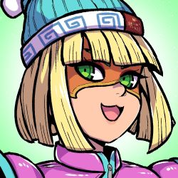 Rule 34 | 1girl, akairiot, arms (game), beanie, blonde hair, blunt bangs, commission, eye mask, eyebrows visible through mask, gradient background, green background, green eyes, hat, knit hat, looking at viewer, min min (arms), open mouth, portrait, short hair, smile, solo, zipper pull tab