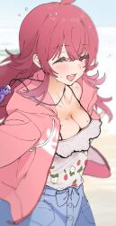 Rule 34 | 1girl, absurdres, blurry, blurry background, breasts, cleavage, dorontabi, highres, idolmaster, idolmaster shiny colors, jacket, komiya kaho, medium breasts, open mouth, pink jacket, red hair, smile, solo