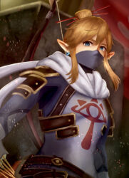 Rule 34 | 1boy, belt, bishounen, blue eyes, bodysuit, bow (weapon), brown belt, brown hair, covered mouth, earrings, embers, eyelashes, from below, hair between eyes, hair ornament, hair stick, highres, jewelry, link, looking at viewer, male focus, mask, mouth mask, ninja mask, nintendo, pointy ears, saku (dodongagerogero), scarf, sheikah, sidelocks, solo, stealth set (zelda), the legend of zelda, the legend of zelda: breath of the wild, weapon, weapon on back, white scarf
